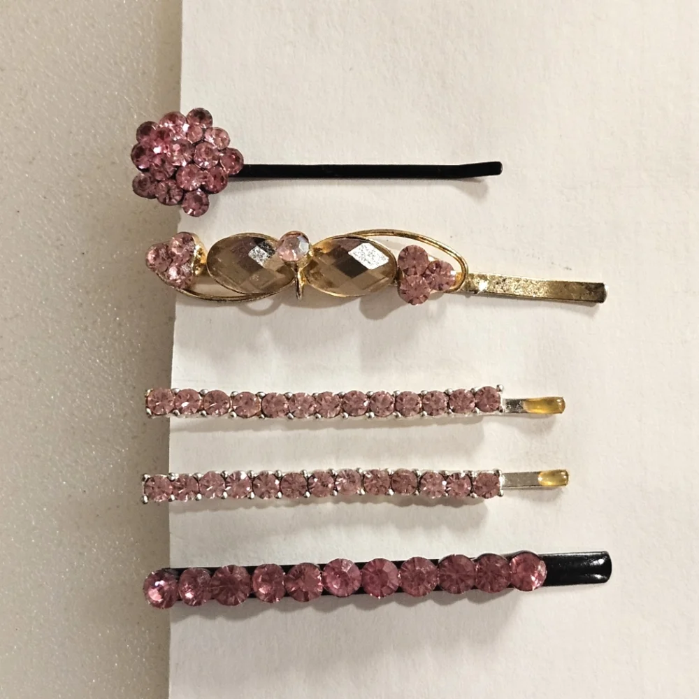 Set Of 5 pink rhinestone hair pins Special Occasion Updo Bun Braid Prom Party